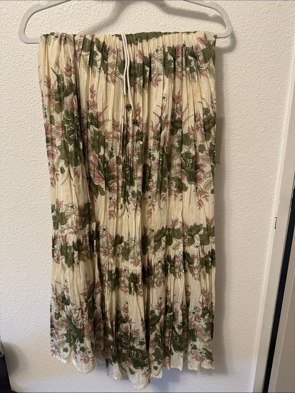 Spell Cream Pleated Midi Skirt with Olive and Dusty Pink Floral Print